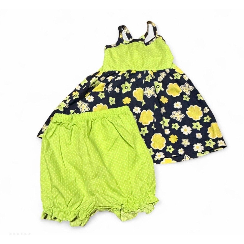 Vintage Small Steps Girls 24 Months Floral Dress Bloomers Set Green Navy